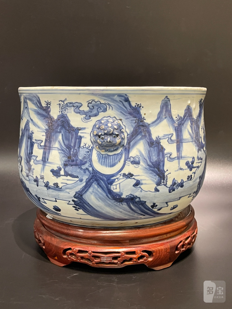 明天启 青花山水人物图铺首大炉 - 图4